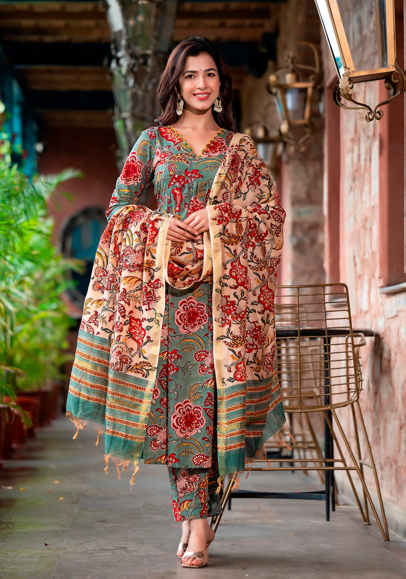 Jaipuri Floral print Stitched Cotton pant suit with cotton dupatta | Cotton  suit, Cotton pants, Office wear dresses